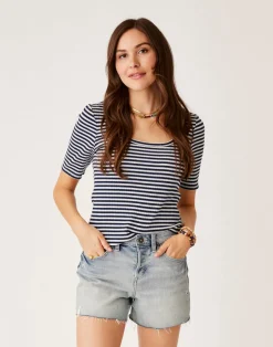 Carve Designs Short Sleeve^Asher Rib Top: Navy Stripe