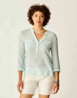 Carve Designs Long Sleeve^Dylan Gauze Shirt: Lagoon Stripe