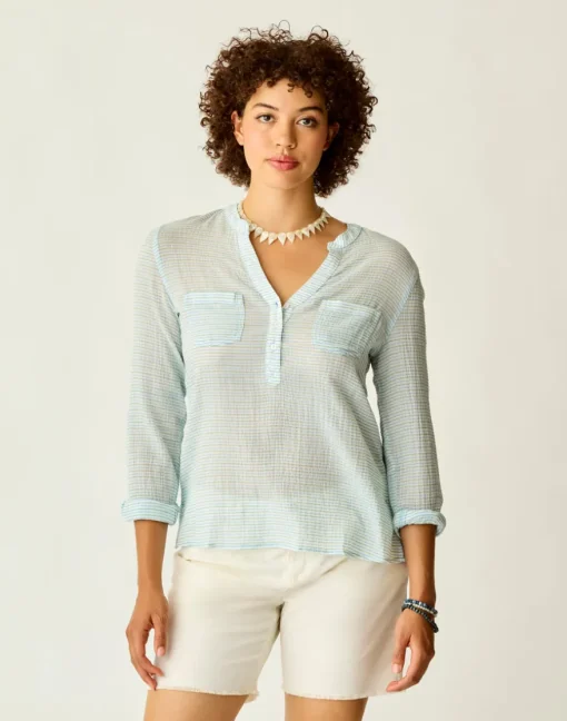 Carve Designs Long Sleeve^Dylan Gauze Shirt: Lagoon Stripe