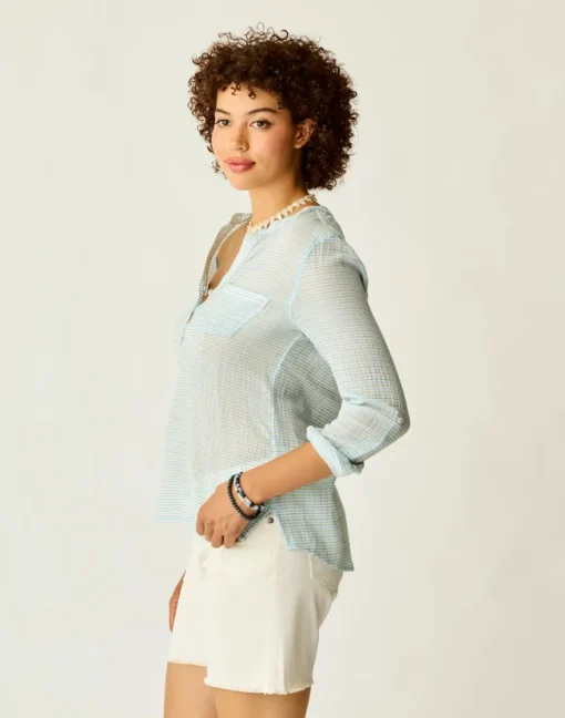 Carve Designs Long Sleeve^Dylan Gauze Shirt: Lagoon Stripe