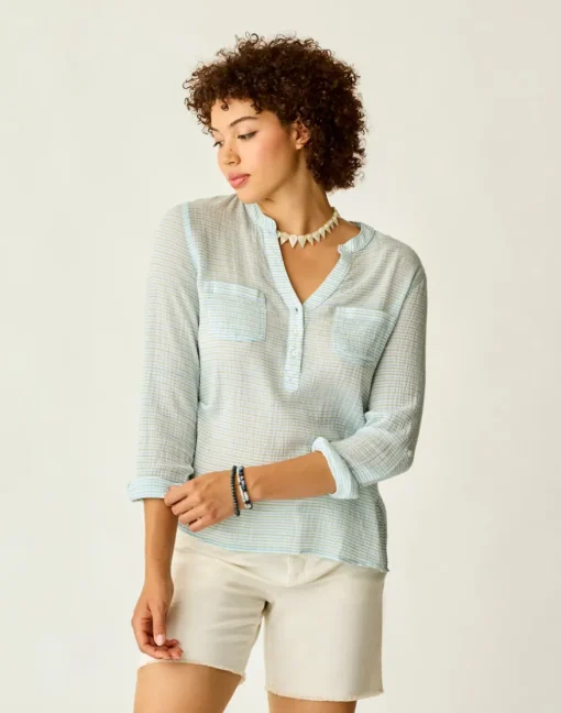 Carve Designs Long Sleeve^Dylan Gauze Shirt: Lagoon Stripe