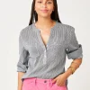 Carve Designs Long Sleeve^Dylan Gauze Shirt: Navy Mini Stripe