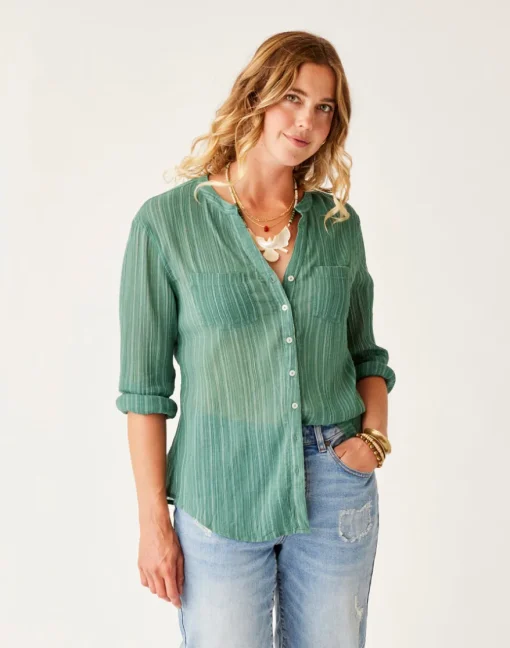 Carve Designs Long Sleeve^Dylan Gauze Tunic: Forest Multistripe