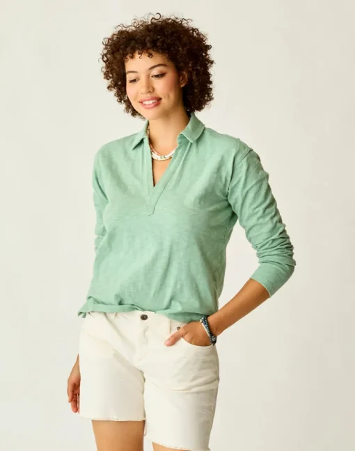 Carve Designs Long Sleeve^Mara Slub Polo: Haze
