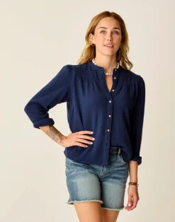 Carve Designs Long Sleeve^Tatum Double Gauze Shirt: Navy