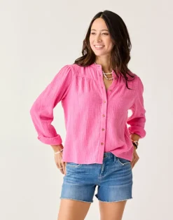 Carve Designs Long Sleeve^Tatum Double Gauze Shirt: Hot Pink