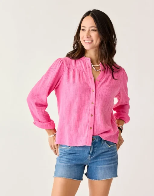 Carve Designs Long Sleeve^Tatum Double Gauze Shirt: Hot Pink