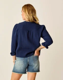 Carve Designs Long Sleeve^Tatum Double Gauze Shirt: Navy