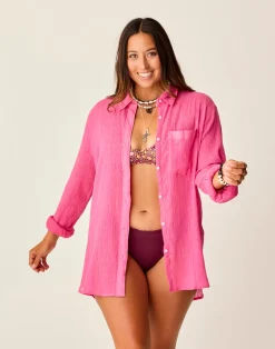 Carve Designs Long Sleeve^Taylor Gauze Tunic: Hot Pink Lurex