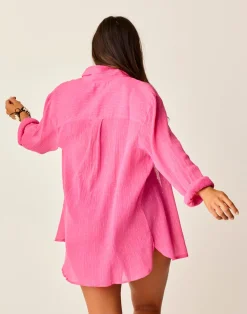 Carve Designs Long Sleeve^Taylor Gauze Tunic: Hot Pink Lurex